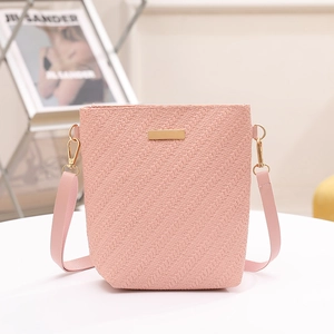 Modern pink embossed woven texture crossbody bucket bag with golden metal plate hardware