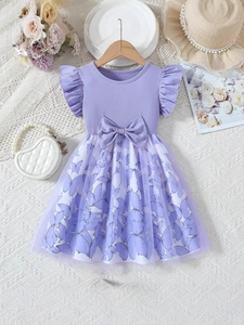 Robe d'été pour Filles Manches Volantes Faux Deux Pièces Doux Nœud Papillon Papillon Imprimé Floral Maille Tulle Épissage Robe de Princesse