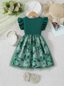 Robe verte foncée pour filles avec manches à volants, jupe en tulle fleuri et joli nœud