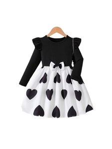 Girls long sleeve princess dress with black heart pattern and bow tie decoration