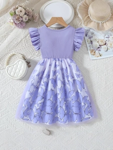 Robe d'été pour filles avec manches à volants mauves et jupe en tulle papillon