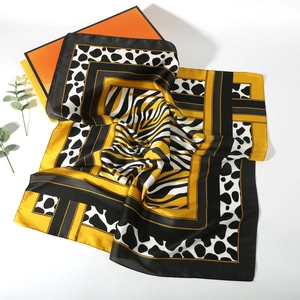 70cm leopard zebra print satin scarf with bold yellow borders and chain detail