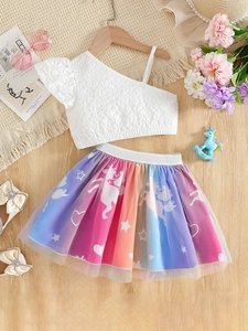 Girl's white one-shoulder top and rainbow tulle skirt set with unicorn patterns
