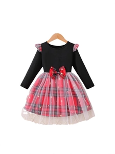 Vestido de princesa para bebé niña con falda de cuadros rojos y tul de estrellas