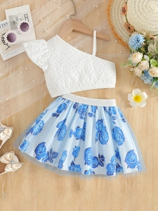 Girls Summer Outfit Set One Shoulder Ruffle White Top And Blue Rose Floral Print Tulle Skirt Sweet Beach Vacation Clothing