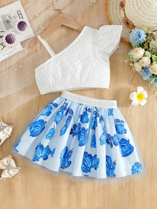 Girls summer two-piece set with white ruffled shoulder top and blue rose print pleated skirt