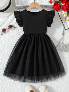 Robe Filles Noir Tricot Côtelé Tulle À Pois Manches Volantes Princesse Été Élégante Mode Enfant