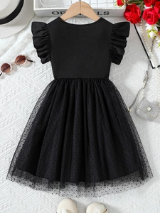 Robe noire en tulle pour fille avec pois, manches volantées et haut en maille chic