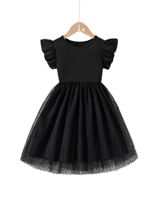Robe de princesse noire pour fille avec corsage côtelé et couches de tulle à pois