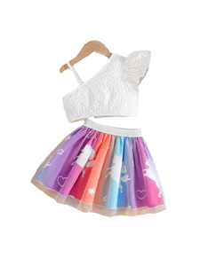 Girl's rainbow mesh tutu skirt and white one-shoulder top set with unicorn patterns
