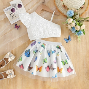 Detail of girls one-shoulder lace top and butterfly print tulle skirt on wooden floor