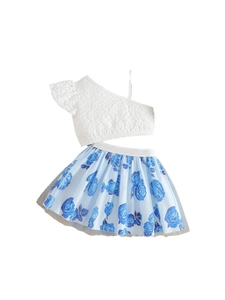 Girls' white ruffle top and light blue floral rose print pleated skirt set