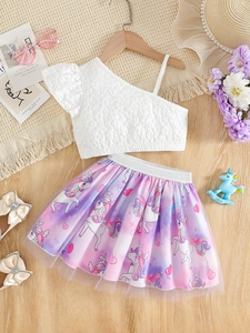 Haut En Coton À Volants Une Épaule Pour Filles Et Jupe Tutu En Maille À Imprimé Licorne Vêtements Princesse Été