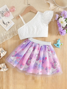 Ensemble jupe licorne fille avec haut gaufré à une épaule et jupe en tulle violette