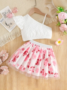 Girls Summer One Shoulder Bubble Texture Top And Rose Floral Print Mesh Tulle Skirt Sweet Princess Clothing Outfit