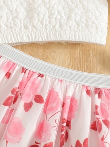 Girls' white pleated top and pink rose floral tulle skirt two-piece princess outfit