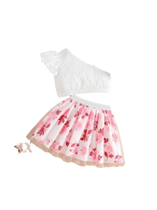 Girl's summer outfit with white one-shoulder ruffle top and pink floral tutu skirt