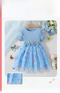Detail of girls' sky blue dress with knit bodice and sequined butterfly mesh skirt