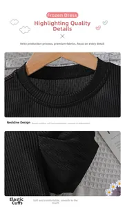 Detail of black ribbed knit girls dress featuring a round neckline and elasticated cuffs