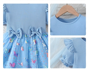 Close-up of light blue toddler dress with butterfly sequins and mesh layered skirt
