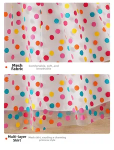Detail of multi-layered white mesh skirt featuring vibrant colorful polka dot patterns
