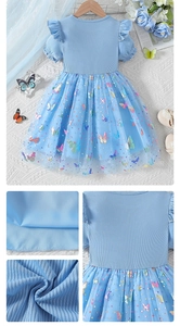 Detail of light blue girls' dress with ribbed bodice and butterfly print tulle skirt