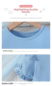 Detail of light blue girls' dress showing ribbed round neck and elastic ruffled sleeve cuffs