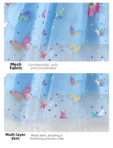 Detail of blue mesh girls dress featuring gradient rainbow butterfly prints and layered hem