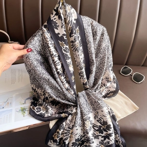 Women Elegant Satin Long Scarf Black White Floral Print Shawl Sun Protection Fashionable Satin-Like Wrap