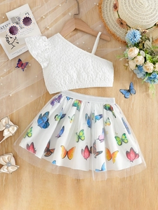 Girls Summer Clothing Set One Shoulder Bubble Texture Top Butterfly Print Mesh Skirt Sweet Fashion Outfit For Toddler Kids White