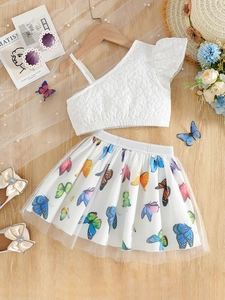 Girls' summer set featuring white one-shoulder ruffle top and floral tulle skirt
