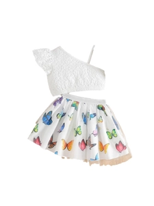 Toddler girl two-piece summer set with butterfly tulle skirt and waffle one-shoulder top