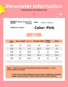 Size chart for pink cotton girl's summer dress with detailed measurements for heights 110-150cm