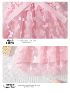 Detail of pink girls tulle dress featuring 3D butterfly appliques and a bow belt