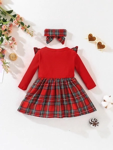 Kleinkind Mädchen Langarm Kleid in Rot Kariert Set mit passendem Schleifen Stirnband