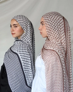 Detailed view of lightweight Chiffon Hijab with classic Keffiyeh pattern and tassel details