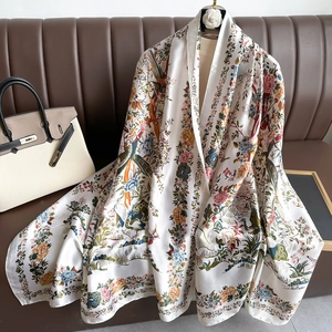 Floral Long Satin Scarf For Women Faux Satin Shawl Lightweight Sun Protection Elegant Flower Crane Print Wrap