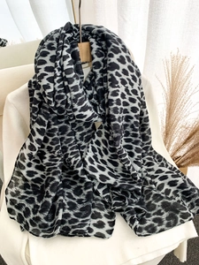 Detail of leopard print scarf showing black and grey patterns on soft cotton linen fabric