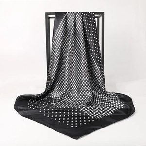 90cm square satin silk scarf with black and white polka dot and houndstooth pattern