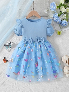 Toddler Girls Summer Dress Cotton Ribbed Knit Mesh Patchwork Butterfly Print Colorful Sequins Flutter Sleeve Bow Sweet