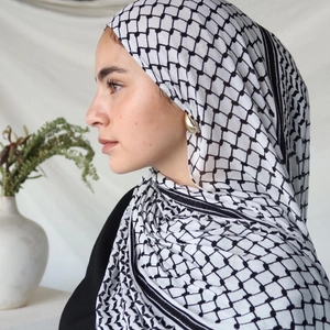 Classic black and white checkered chiffon keffiyeh hijab with geometric print