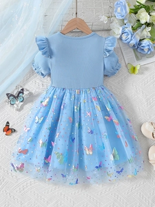 Blue summer dress for girls featuring ruffled sleeves and sequin butterfly mesh skirt