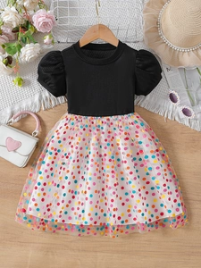 Girls Summer Princess Dress With Cotton Ribbed Top And Colorful Polka Dot Tulle Skirt Sweet Short Puff Sleeve Apparel