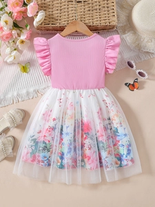 Girls pink ribbed floral mesh princess dress with flutter sleeves and bow detail