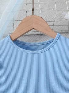Light blue ribbed knit baby girl dress with flutter sleeves and round neck detail