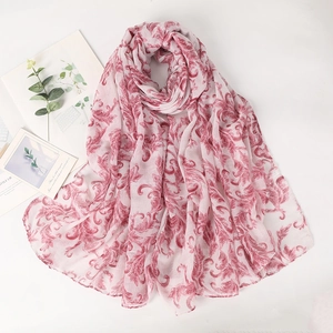 Pink cotton linen scarf with red paisley vine pattern for women fashion and warmth