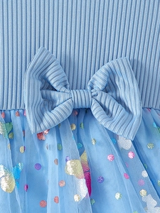 Blue girls' dress with rib knit top, tulle skirt, sequins, and a decorative bow detail