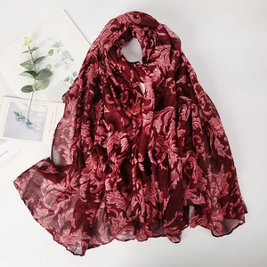 Deep red paisley cotton scarf with pink floral patterns for women's elegant styling