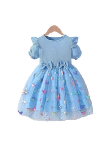 Light blue girls tulle dress with butterfly appliqués and knitted ruffle sleeves