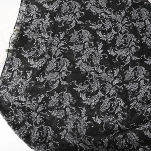 Elegant black paisley voile scarf with silver baroque leaf patterns and sheer texture